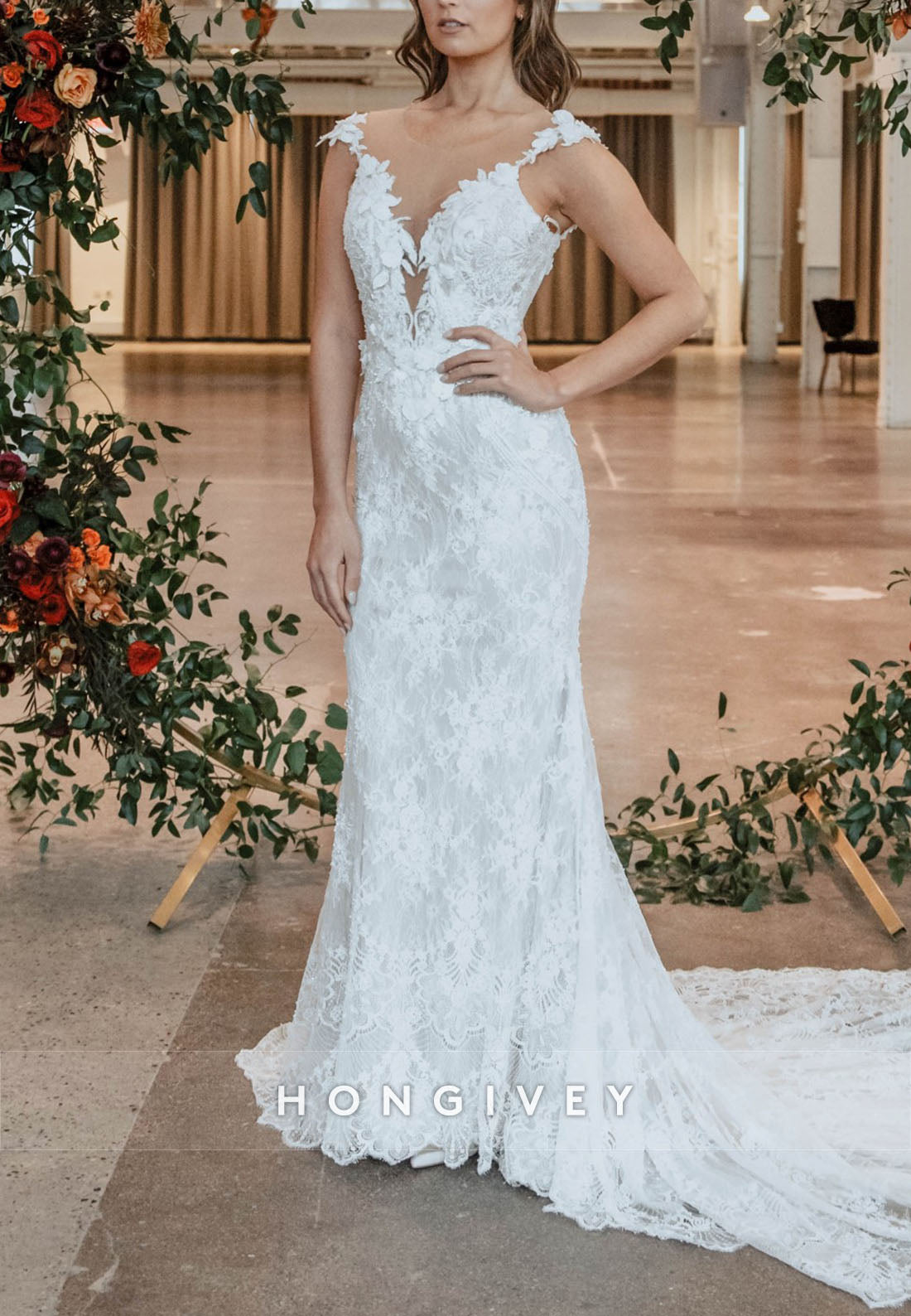 Trumpet Court Train Lace Keyhole Wedding Dresses with Appliques and Pearls