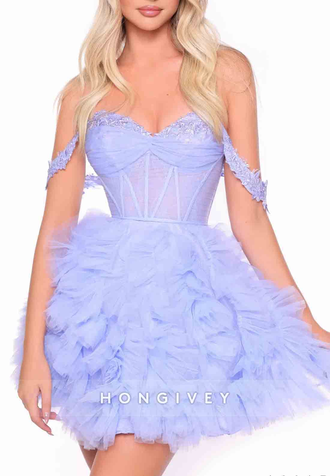 Off the Shoulder Appliqued Sweetheart Ruched Short Homecoming Dresses