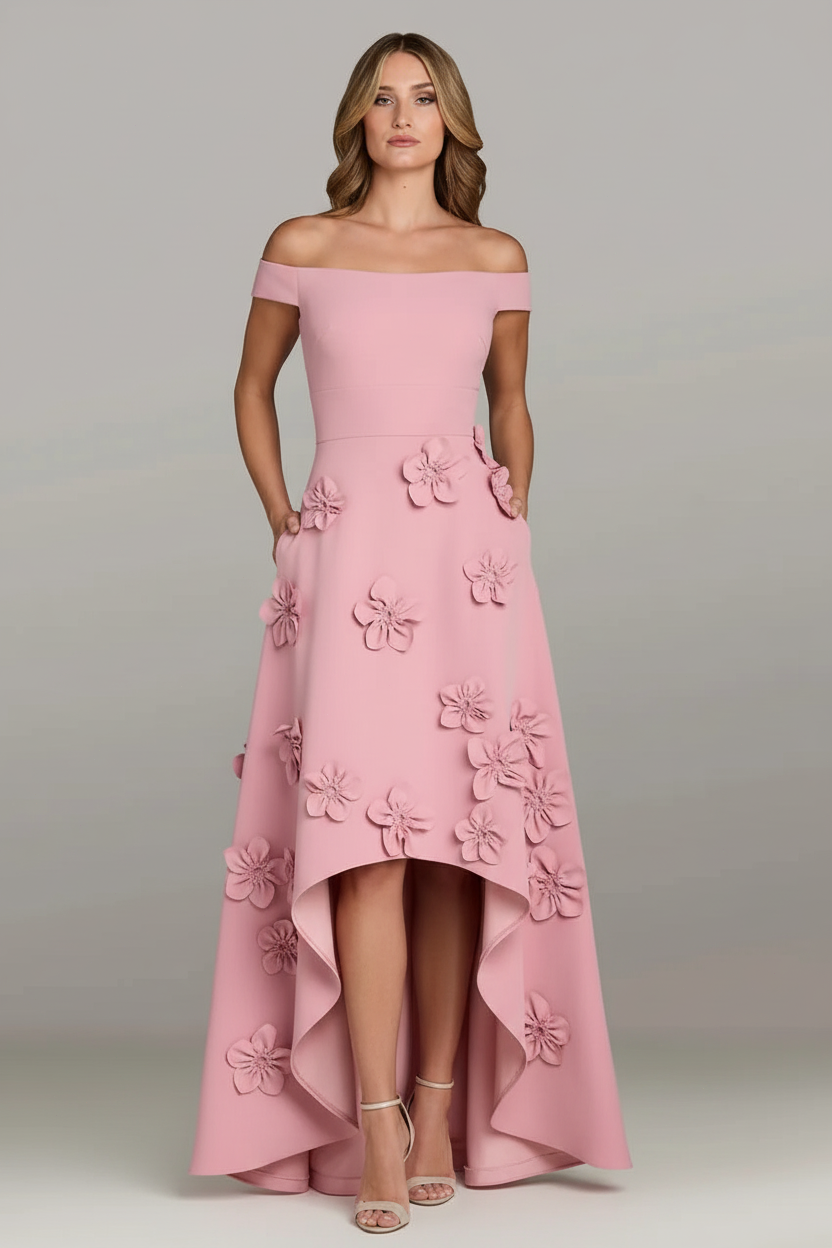 Pink Off the Shoulder Sleeveless A-Line Flowera Applique Evening Dress