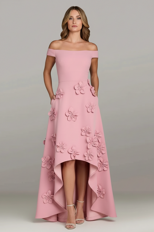 Pink Off the Shoulder Sleeveless A-Line Flowera Applique Evening Dress