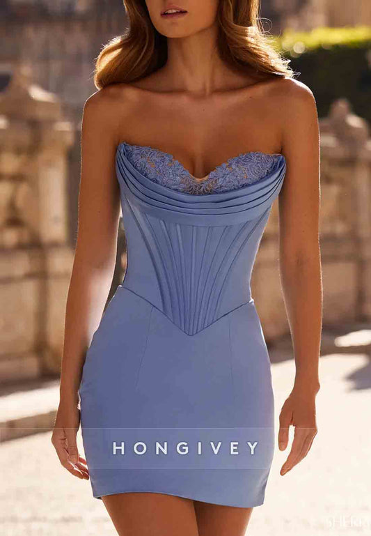 Blue Sheath Strapless Pleated Sleeveless Lace Mini Homecoming Dresses