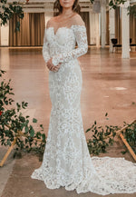 Illusion Neck Off the Shoulder Lace Trumpet Court Train Wedding Dresses