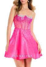 Sparkle A-Line Fuchsia Spaghetti Straps Homecoming Dress with Beading