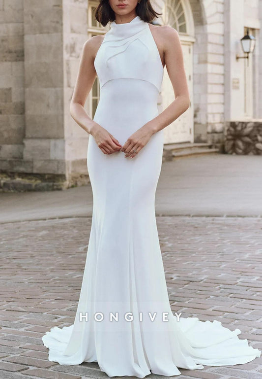 Halter Backless Court Train Trumpet High Neck Sleeveless Pleated Wedding Dresses