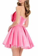 Pink A-Line Satin Strapless Ruched Short Homecoming Dress with Big Bowknot