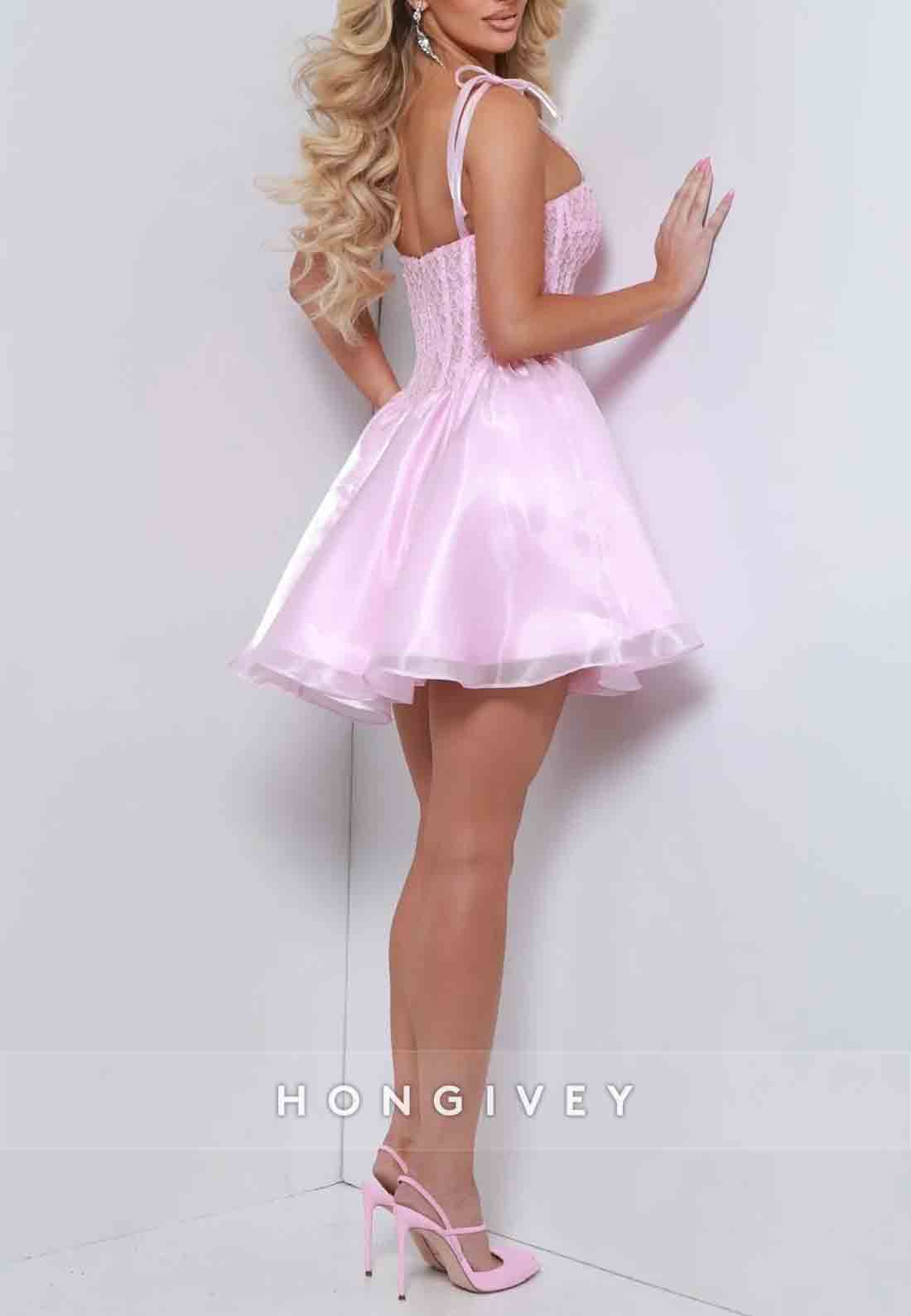 Pink Spaghetti Straps A-Line Lace Sweetheart Pleated Short Homecoming Dress