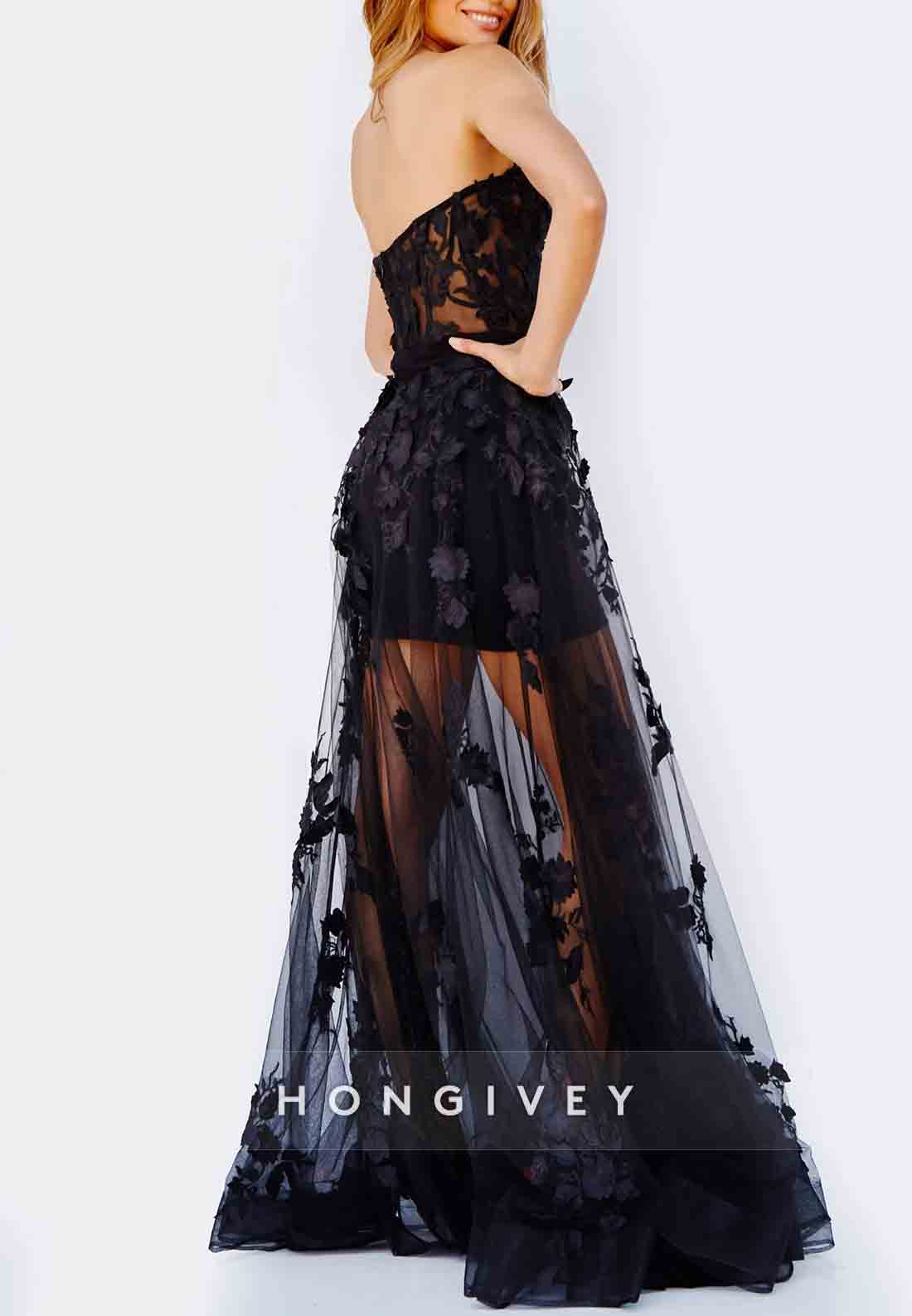 Strapless Black Sweetheart Appliqued Tulle A-Line Evening Gown
