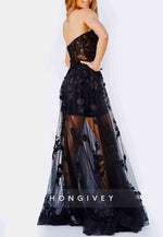 Strapless Black Sweetheart Appliqued Tulle A-Line Evening Gown