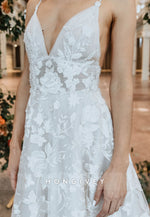 Spaghetti Straps Court Train Open Back Low V-Neck A-Line Wedding Dresses