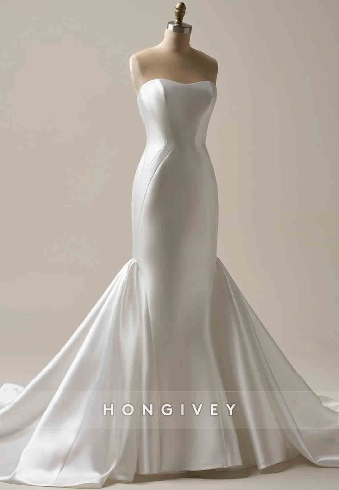 Satin Strapless Backless Mermaid Sweetheart Wedding Dresses with Bowknot