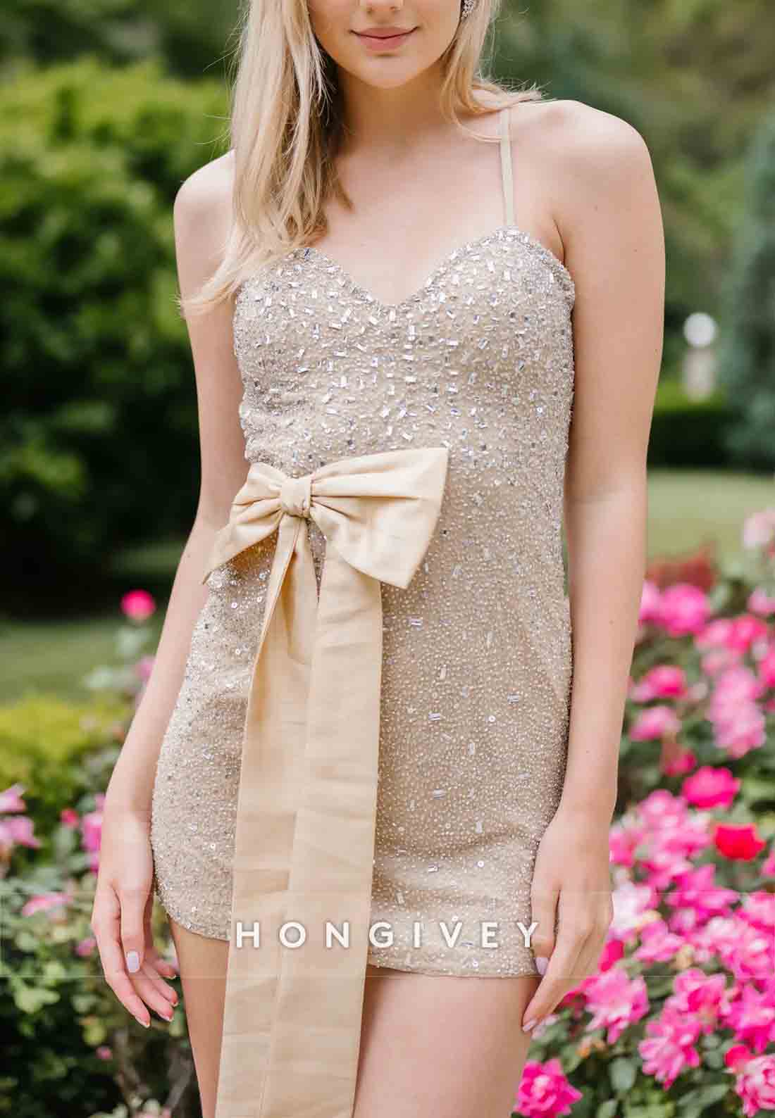 Halter Spaghetti Straps V-Neck Sleeveless Bowknot Beading Mini Homecoming Dresses