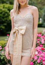 Halter Spaghetti Straps V-Neck Sleeveless Bowknot Beading Mini Homecoming Dresses