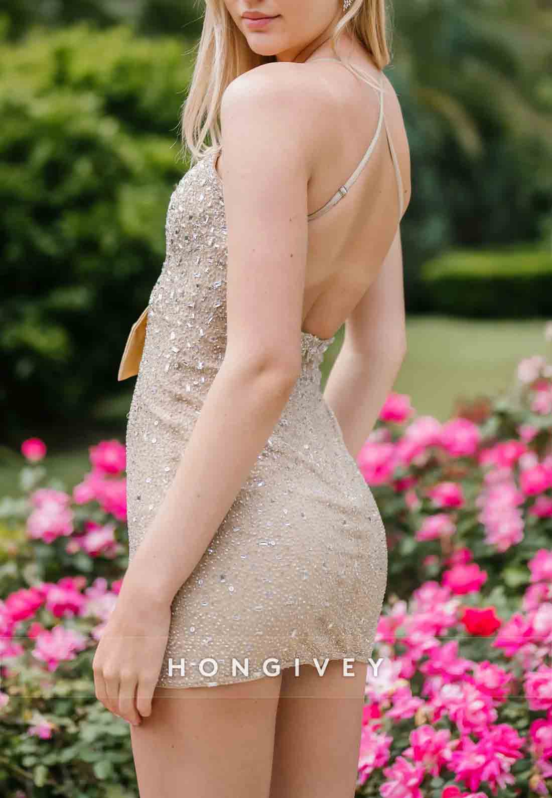 Halter Spaghetti Straps V-Neck Sleeveless Bowknot Beading Mini Homecoming Dresses