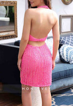 Halter Sequined Open Back V-Neck Sleeveless Sheath Mini Homecoming Dresses
