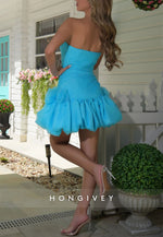 Blush A-Line Strapless Ruched Short Homecoming Dress with Flowers
