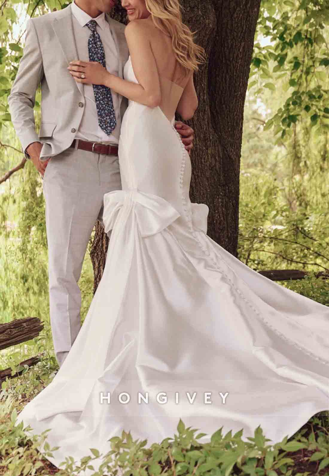 Satin Strapless Backless Mermaid Sweetheart Wedding Dresses with Bowknot