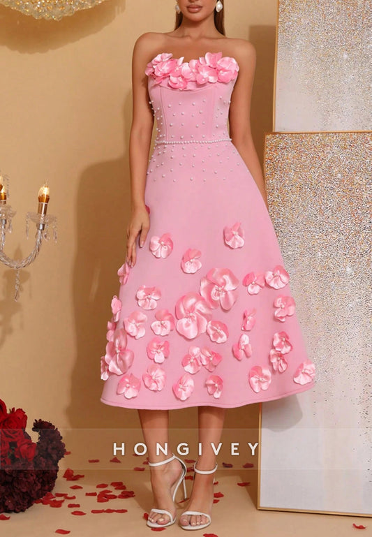 3D Floral Strapless A-Line Formal Wedding Tea Length Cocktail Dresses with Pearls