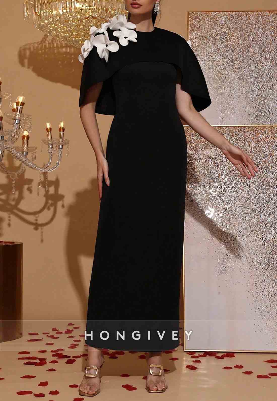 Elegant 3D Floral Decor Contrast Cape Dress Formal Gown Wedding Guest Bridesmaid