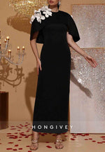 Elegant 3D Floral Decor Contrast Cape Dress Formal Gown Wedding Guest Bridesmaid