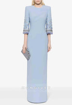 3/4 Sleeve Scoop Formal Gowns Column Floor-Length Wedding Guest