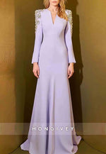 V-Neck Trumpet Long Sleeves Floor-Length Evening Gowns with Shoulder Beading