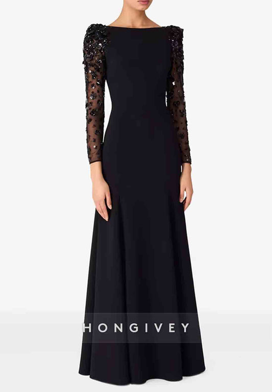 Bateau Neck Long Sleeves Back Zipper Floor-Length Evening Gowns
