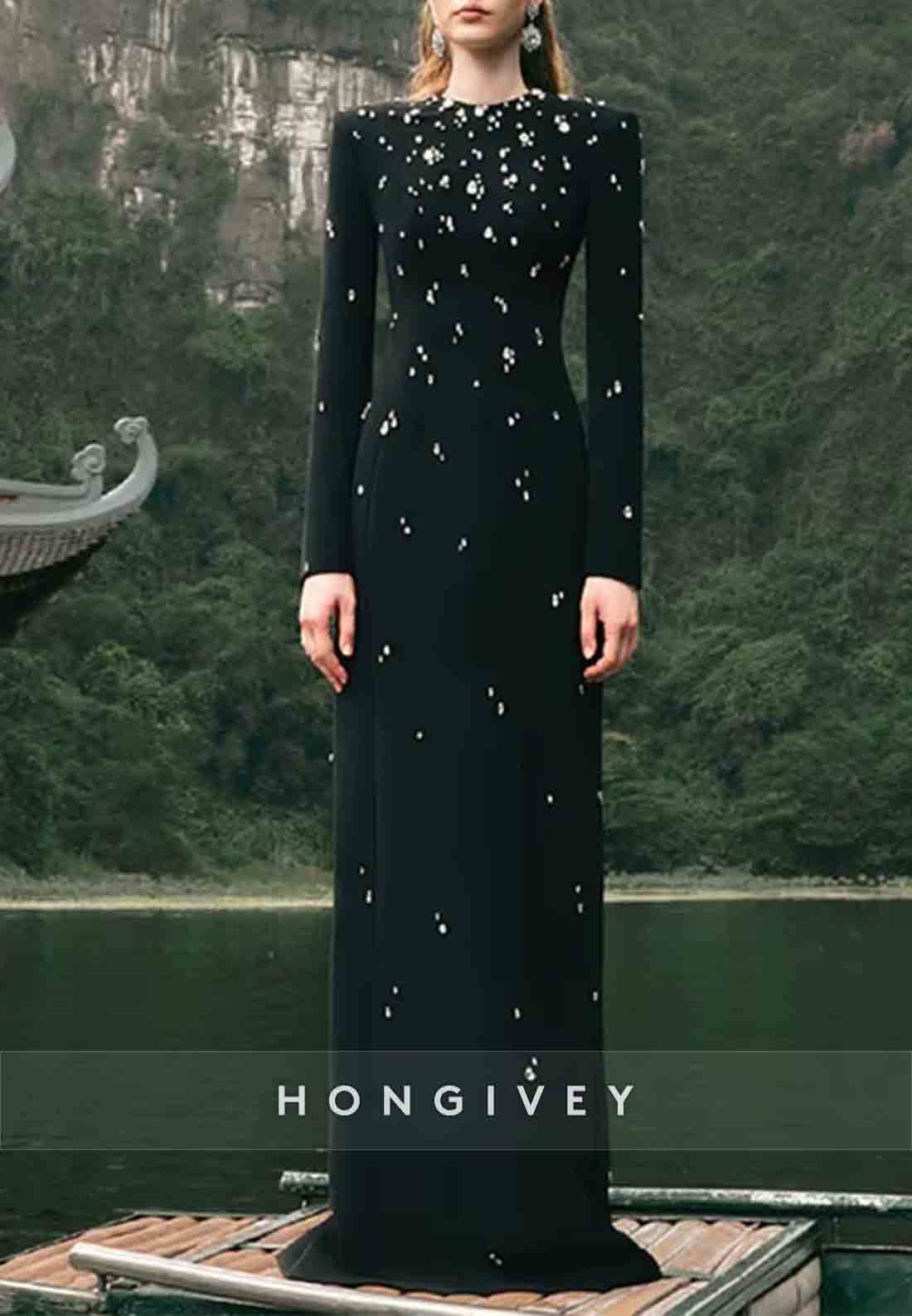 Long Sleeves Floor-Length Column Formal Gowns with Rhinestone