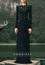 Long Sleeves Floor-Length Column Formal Gowns with Rhinestone