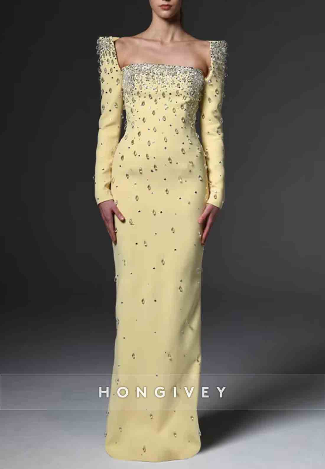 Square Neck Floor-Length Long Sleeves Column with Rhinestone