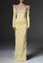 Square Neck Floor-Length Long Sleeves Column with Rhinestone
