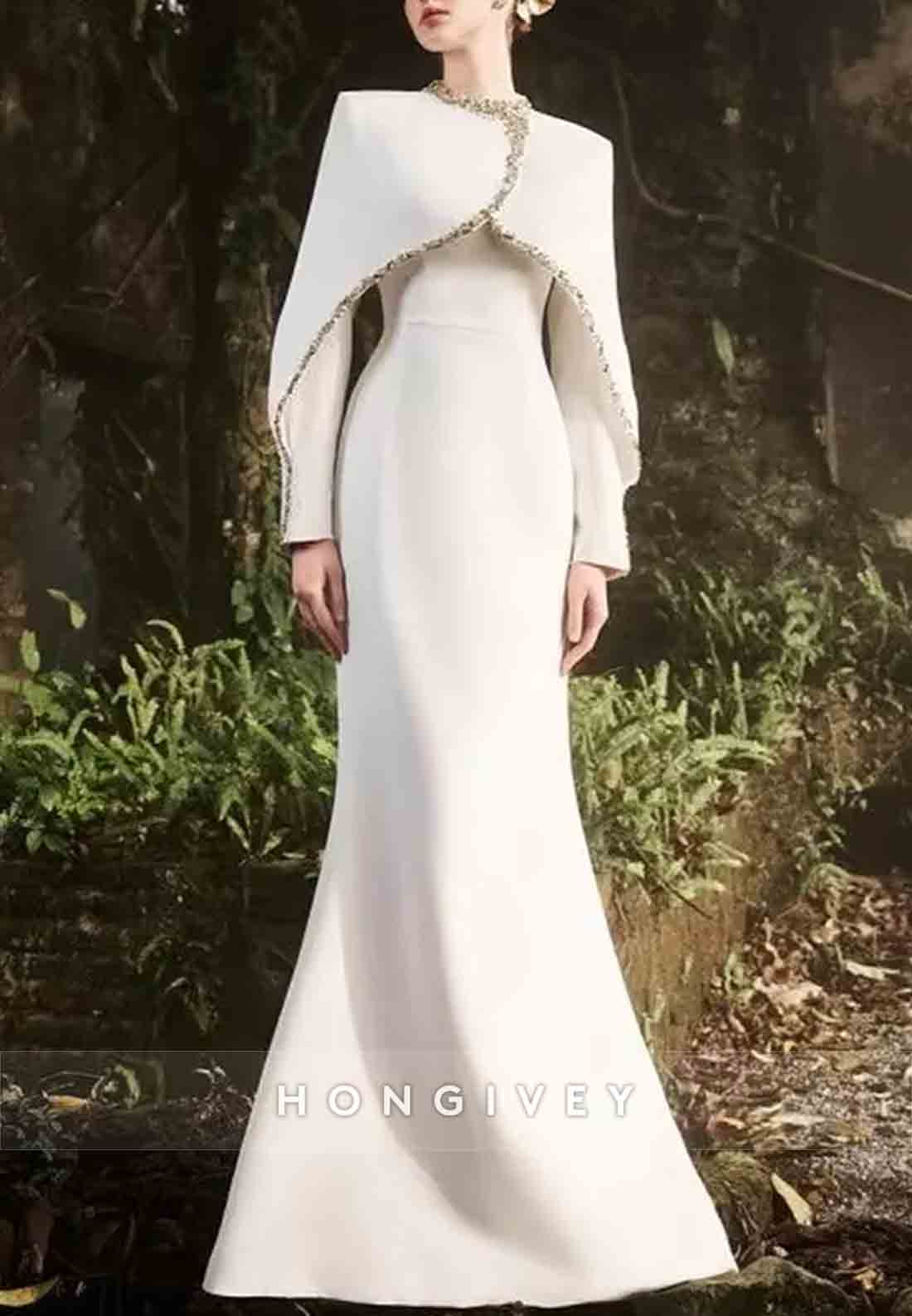 Shawl Long Sleeves Floor-Length Ivory Mermaid Formal Dresses