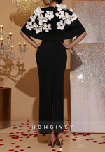 Elegant 3D Floral Decor Contrast Cape Dress Formal Gown Wedding Guest Bridesmaid