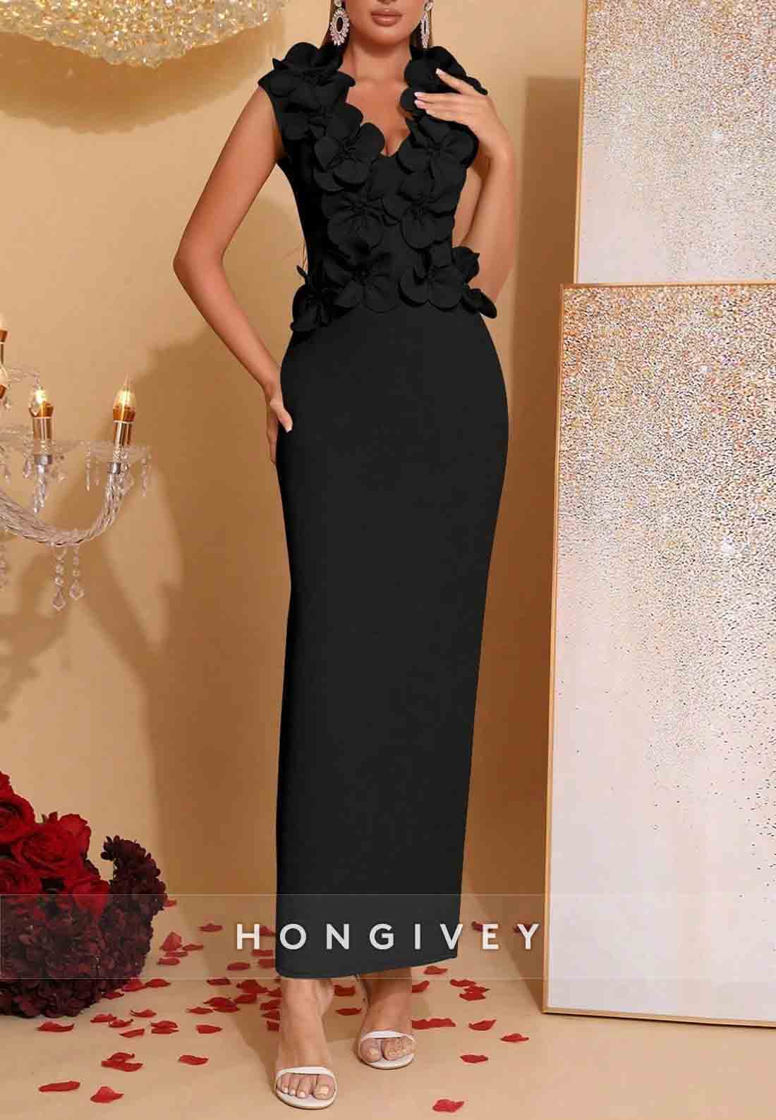 Chic 3D Floral V-Neck Column Sleeveless Ankle-Length Evening Gowns