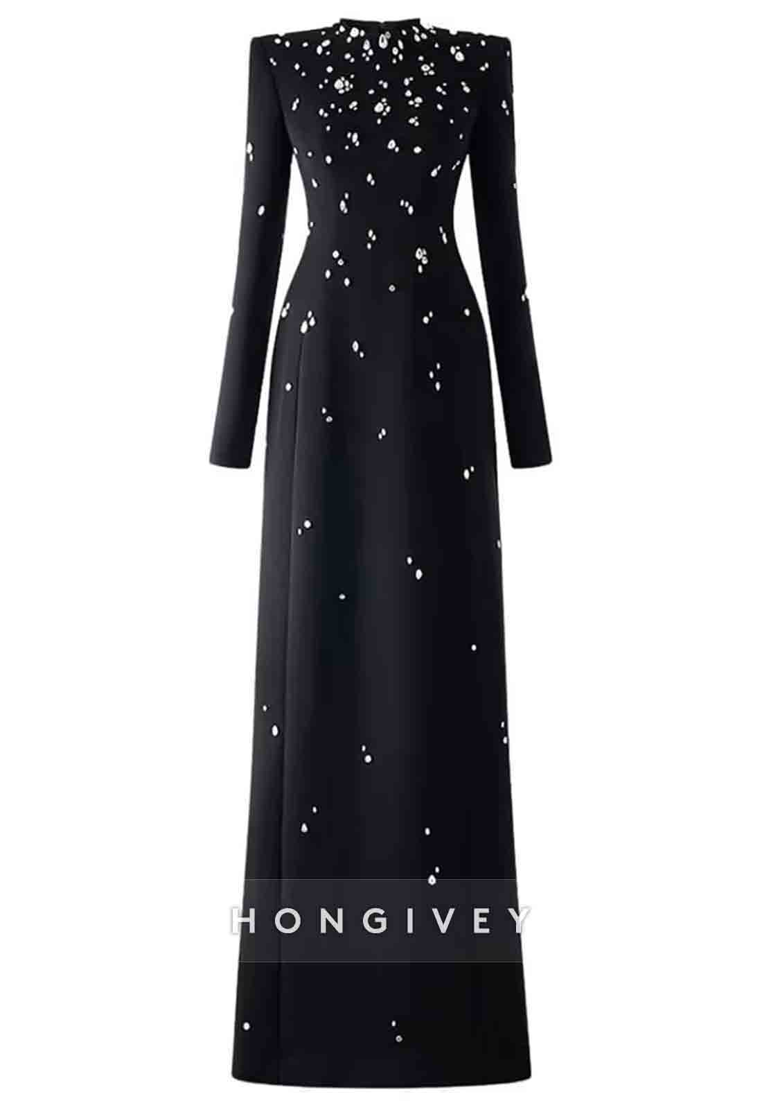 Long Sleeves Floor-Length Column Formal Gowns with Rhinestone