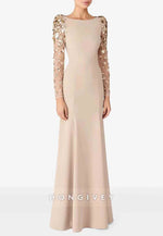 Bateau Neck Long Sleeves Back Zipper Floor-Length Evening Gowns