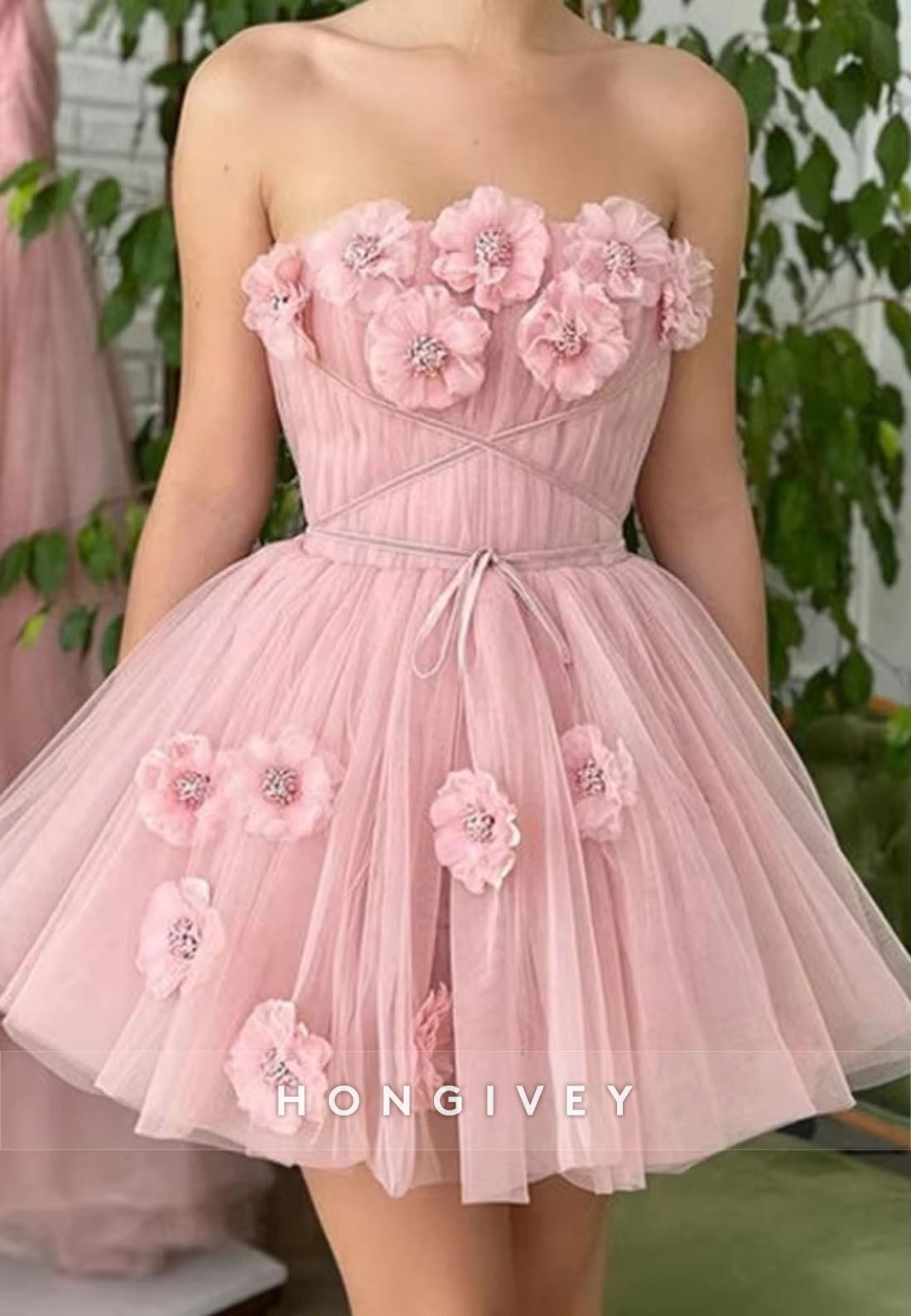 A-Line Blushing Pink Strapless Short Empire Homecoming Dress with 3D Flowers