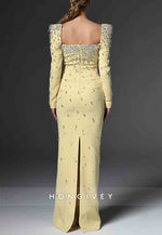Square Neck Floor-Length Long Sleeves Column with Rhinestone