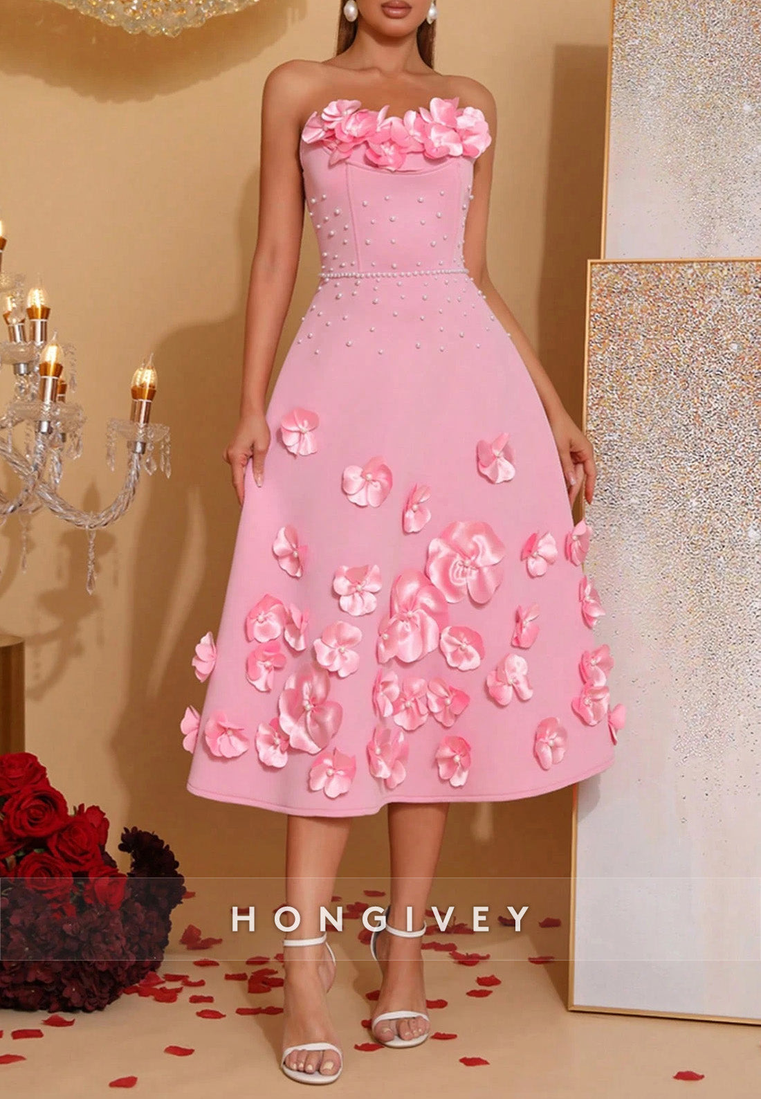 3D Floral Strapless A-Line Formal Wedding Tea Length Cocktail Dresses with Pearls