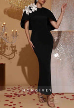 Elegant 3D Floral Decor Contrast Cape Dress Formal Gown Wedding Guest Bridesmaid