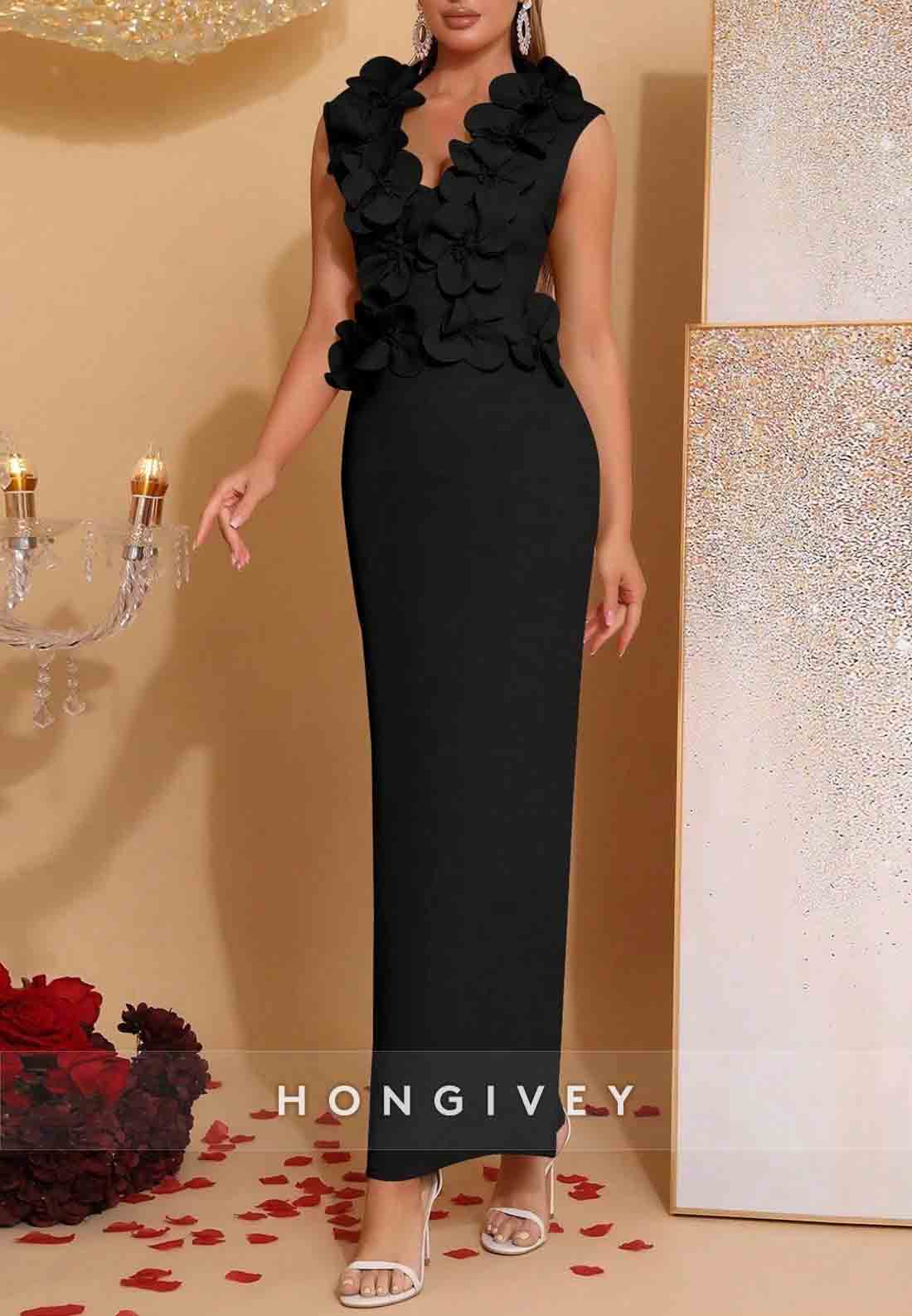 Chic 3D Floral V-Neck Column Sleeveless Ankle-Length Evening Gowns