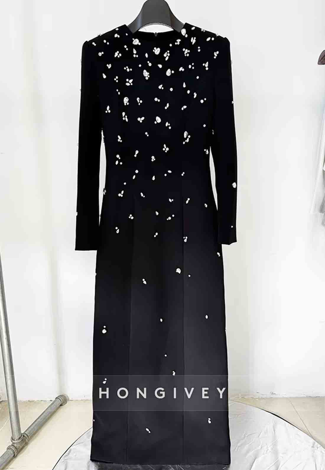 Long Sleeves Floor-Length Column Formal Gowns with Rhinestone