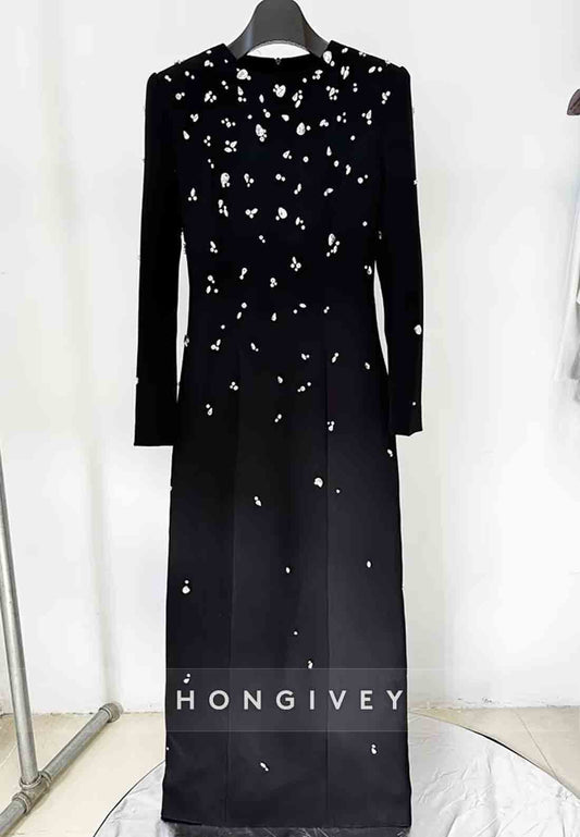 Long Sleeves Floor-Length Column Formal Gowns with Rhinestone