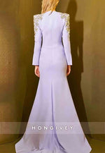 V-Neck Trumpet Long Sleeves Floor-Length Evening Gowns with Shoulder Beading