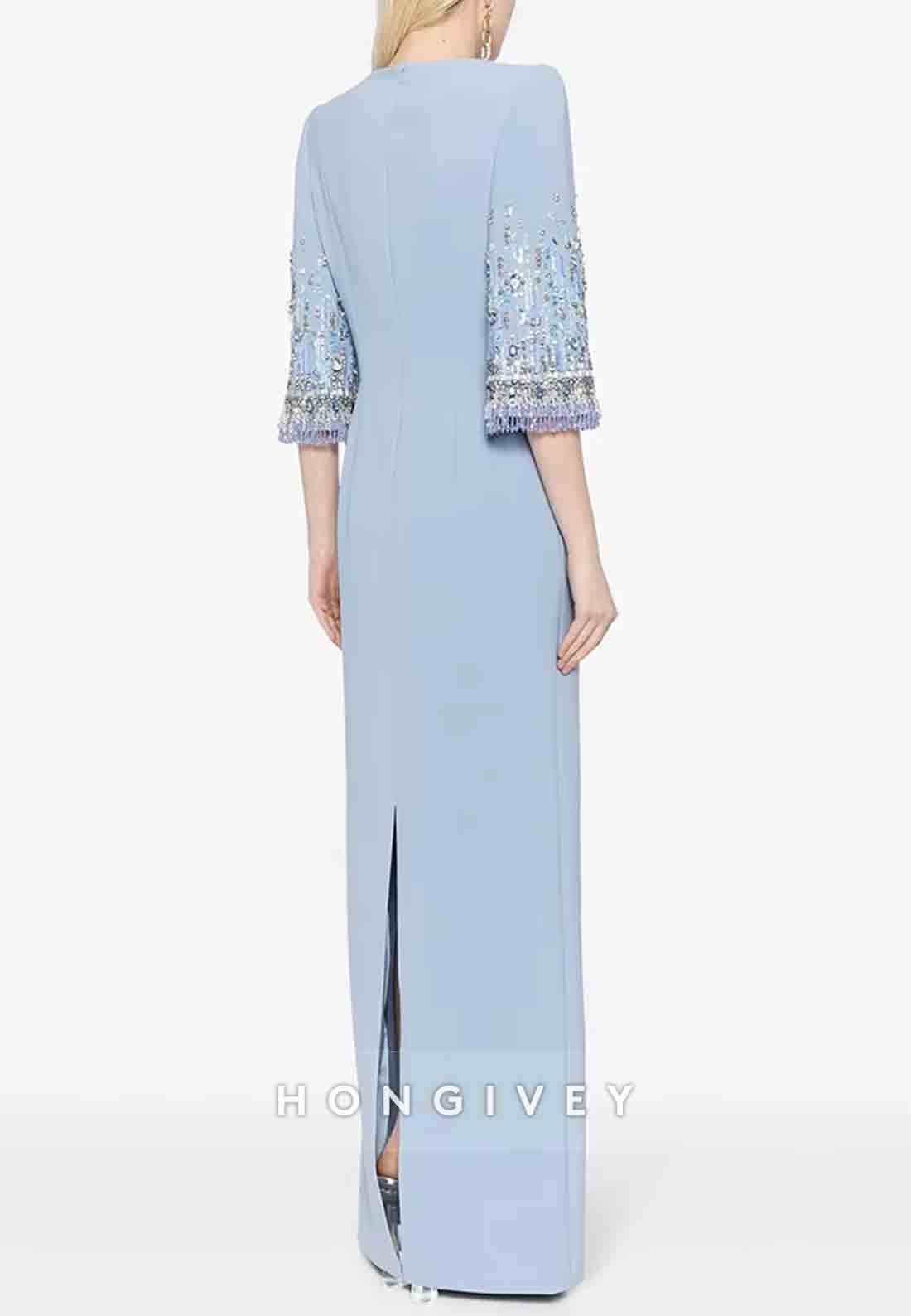 3/4 Sleeve Scoop Formal Gowns Column Floor-Length Wedding Guest