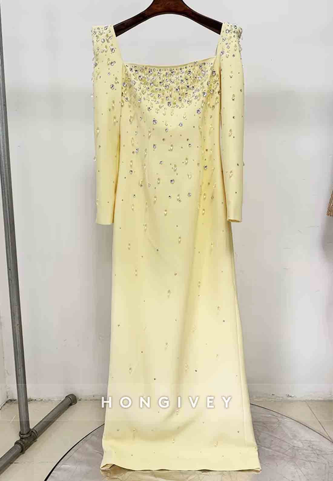 Square Neck Floor-Length Long Sleeves Column with Rhinestone