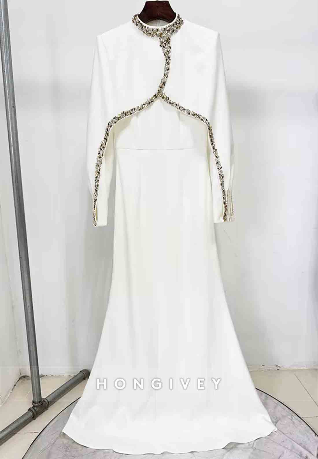Shawl Long Sleeves Floor-Length Ivory Mermaid Formal Dresses