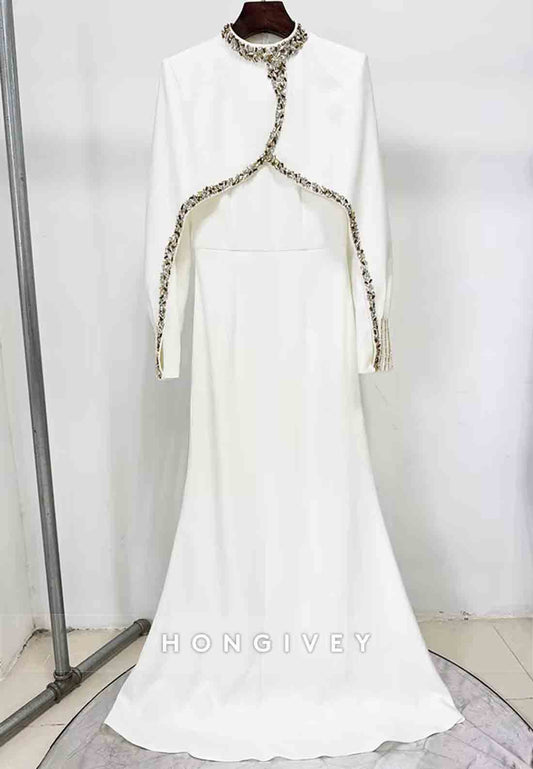 Shawl Long Sleeves Floor-Length Ivory Mermaid Formal Dresses