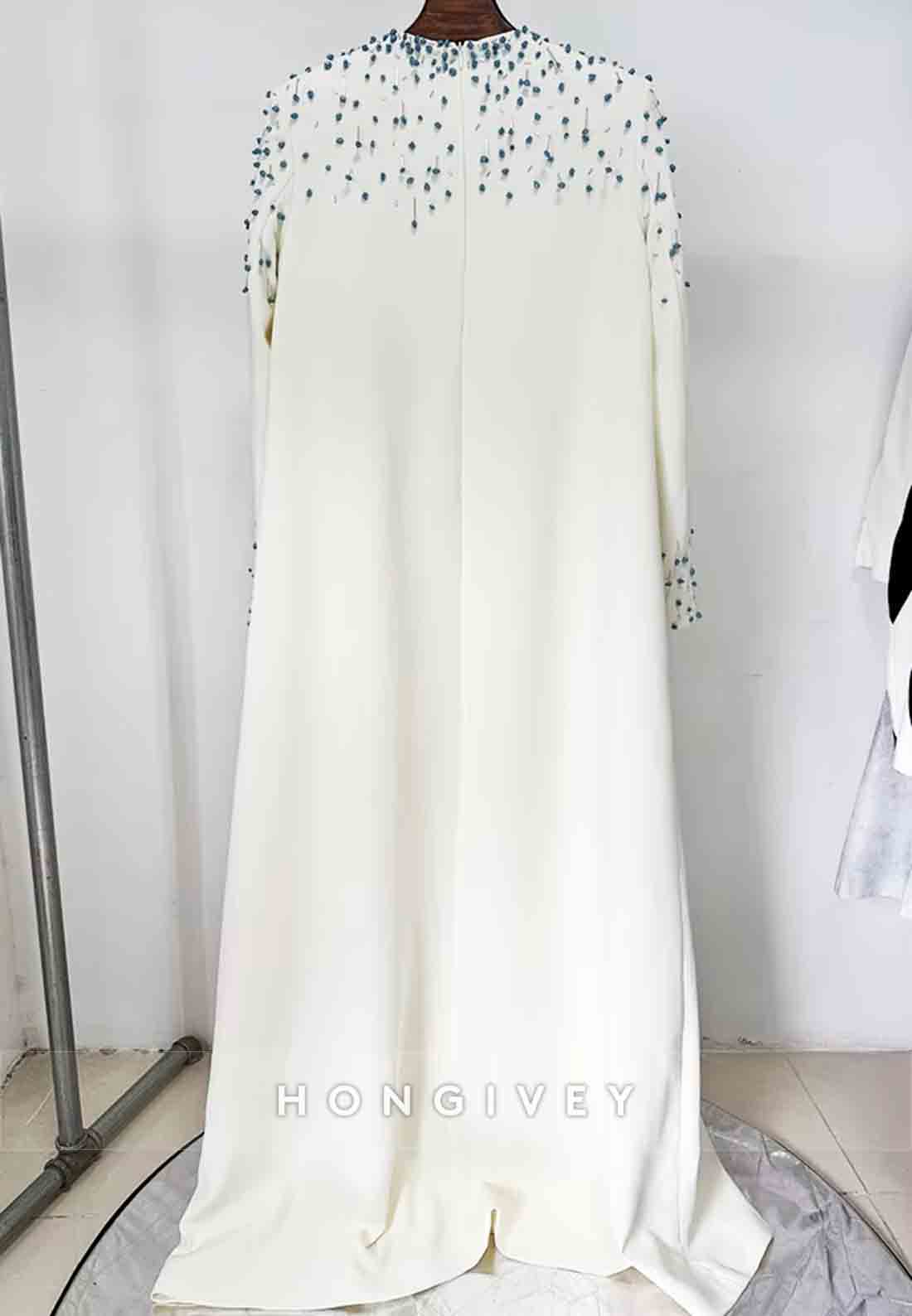 Long Sleeves A-Line Scoop Floor-Length Evening Gown with Blue Beading