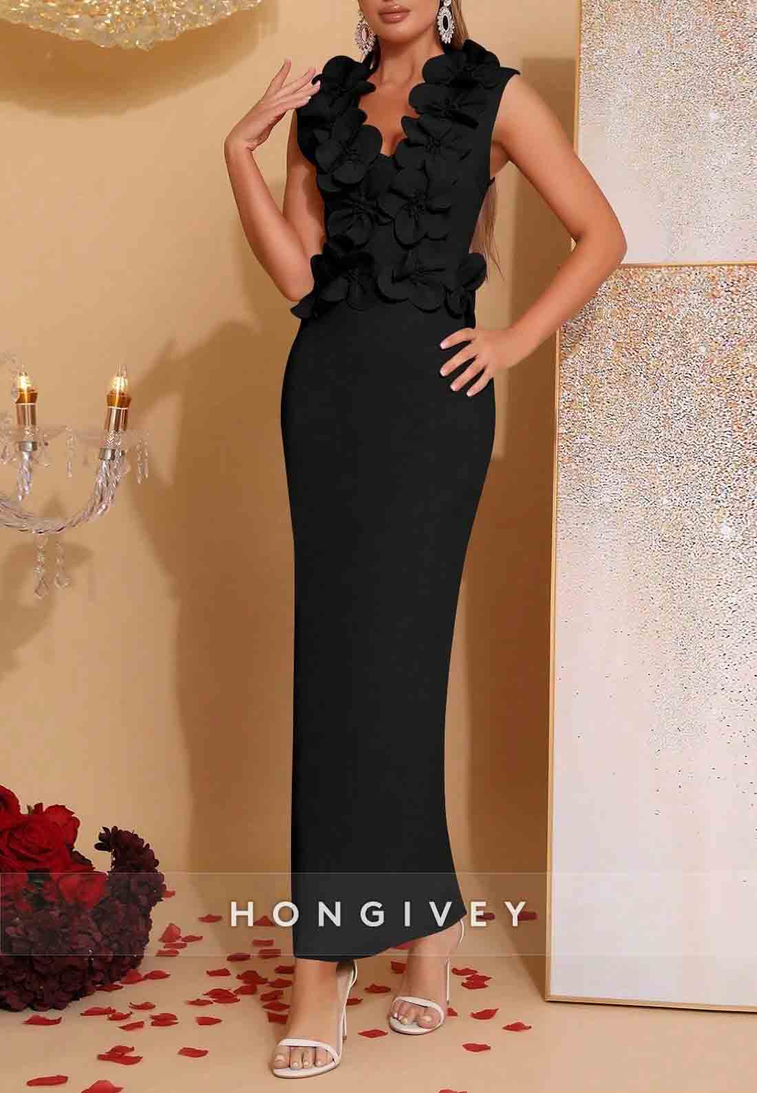 Chic 3D Floral V-Neck Column Sleeveless Ankle-Length Evening Gowns