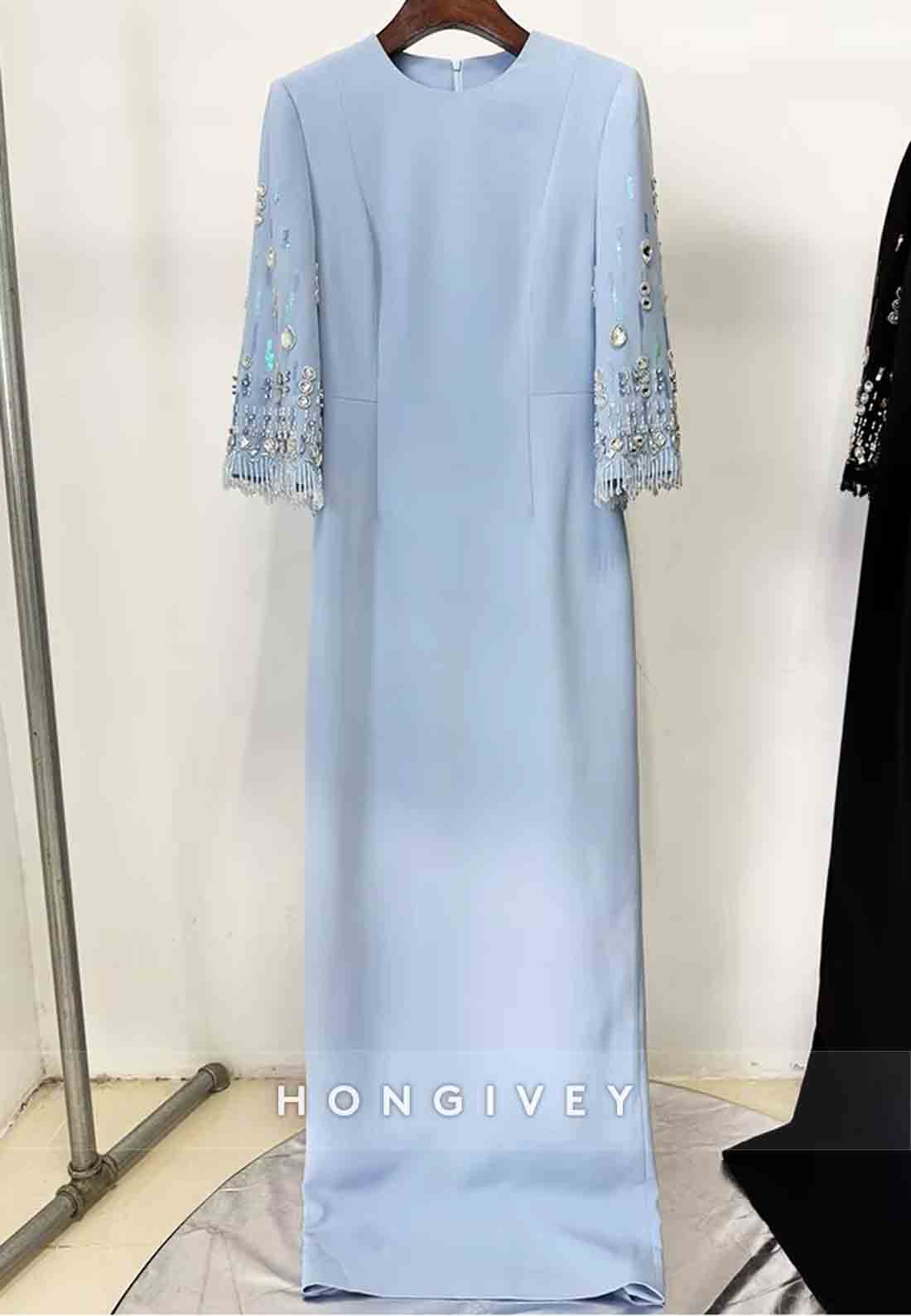 3/4 Sleeve Scoop Formal Gowns Column Floor-Length Wedding Guest